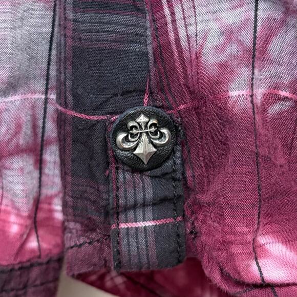 Affliction Womens Y2K Button Up Shirt M Black Maroon Plaid Moto Spell Out Logo - Picture 6 of 12